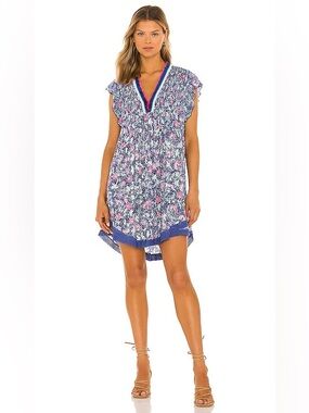 NEW Poupette St Barth Floral Lace Trim Sasha Mini Dress in Blue Clary Boho Chic